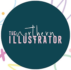 Brand logo for The Northern Illustrator - Teal circle with pink text and white handwriting