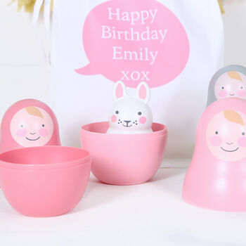Pink Nesting Dolls, Bunny Chime With Personalised Bag, 4 of 4