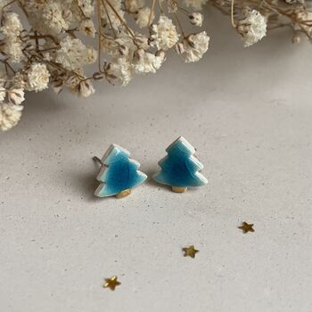 Tiny Turquoise Christmas Tree Ceramic Earrings, 5 of 10