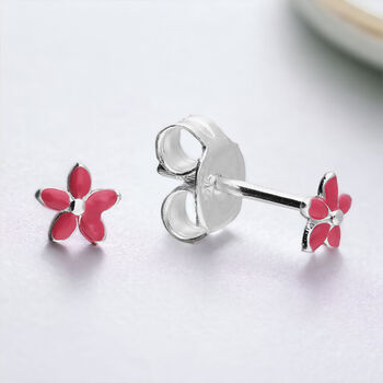 Tiny Pink Forget Me Not Earrings In Sterling Silver, 2 of 4