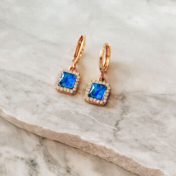 Square Opal Diamante 24k Gold Plated Huggies Earrings, 3 of 7