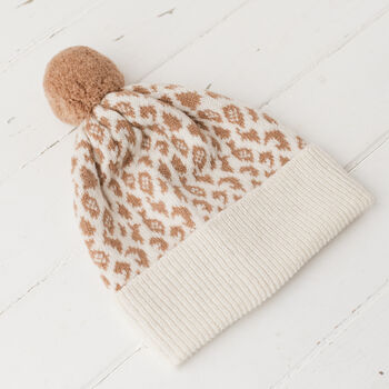 Lambswool Knitted Leopard Pom Pom Hat, 10 of 12