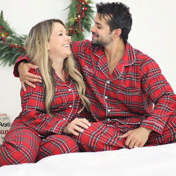 Personalised Matching Couples Luxury Brushed Cotton Christmas Tartan Pyjamas, 2 of 5