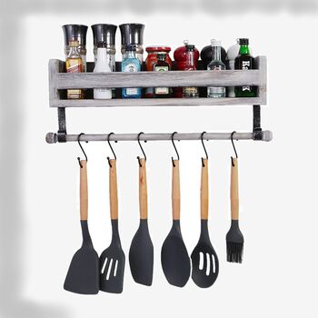 Wooden Grey Floating Shelves With Eight Hooks, 6 of 12