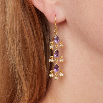 Amethyst Seed Pearl Gold Plated Silver Drop Earrings, 4 of 11