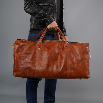 Genuine Leather Holdall Luggage Worn Look Light Brown, 9 of 12