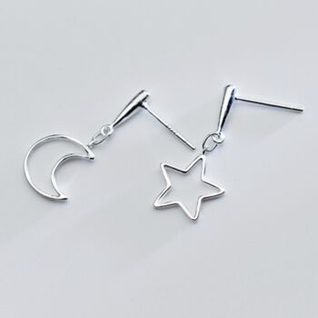 Sterling Silver Moon And Star Dangle Stud Earrings, 2 of 4