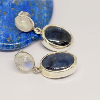 Blue Sapphire, Moonstone Sterling Silver Earrings, 3 of 7