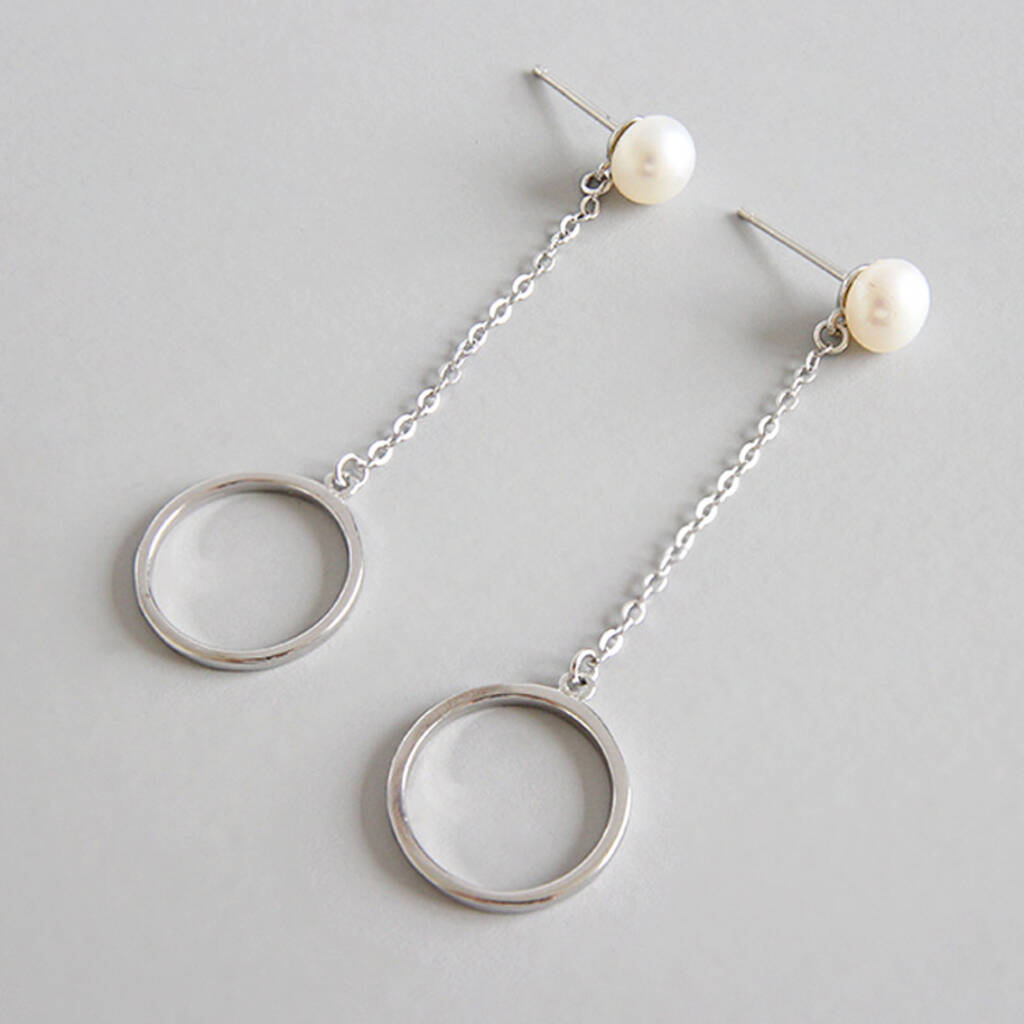 Sterling Silver Pearl Circle Dangle Stud Earrings, 1 of 4