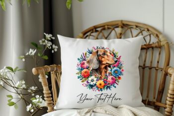 Personalised Dachshund Summer Floral Dog Wreath Cushion And Mug Bundle, 4 of 4