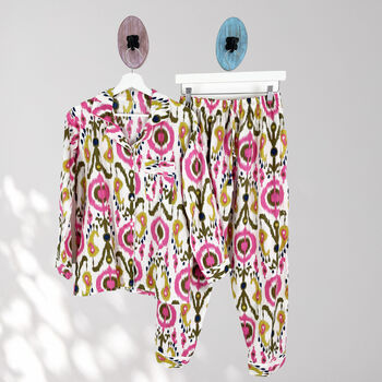 Ikat Print 100% Cotton Ladies Pyjamas In White And Pink, 2 of 9