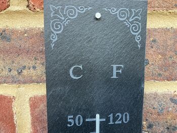 Garden Natural Slate Weather Wall Thermometer 45cm X 10cm Scroll Detail, 3 of 5