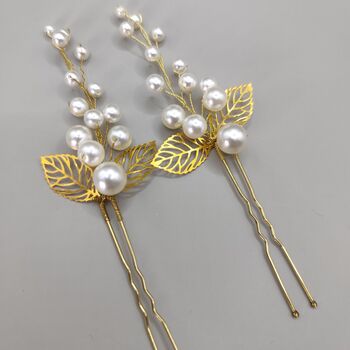 Pearl And Gold Leaf Hair Pins – Elegant Bridal And Bridesmaid Hair Accessories, 12 of 12