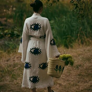 Long Organic Cotton Robe: White With Dark Blue And Black Eye, 3 of 8