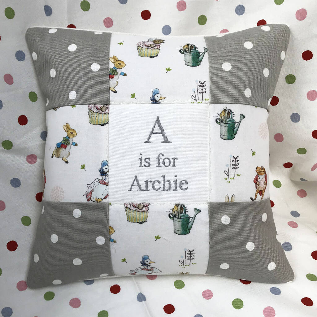 peter rabbit alphabet cushion by tuppenny house designs