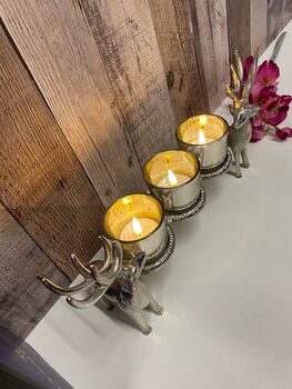Silver Stag Triple Tealight Holder Metal And Glass Ornament Candle Holder, 3 of 8