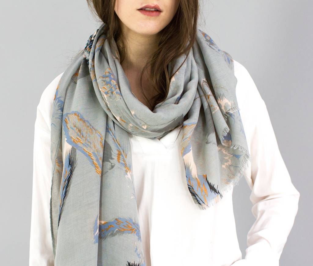 personalised grey feather print scarf by the forest & co ...