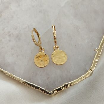 Hammered Disc Gold Plated Huggie Hoops, 3 of 6