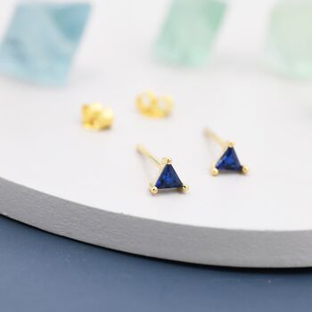 Tiny Sapphire Blue Cz Triangle Stud Earrings, 3 of 10