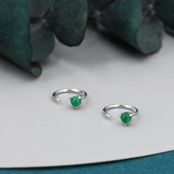 Genuine Green Onyx Huggie Hoop Earrings Sterling Silver, 3 of 8