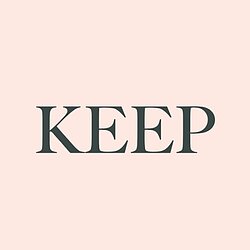 Keep logo, Keep text written in dark green on a pale pink background