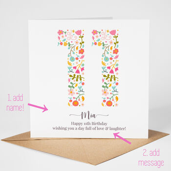 Floral Fun Personalised 11th Birthday Card, 2 of 5