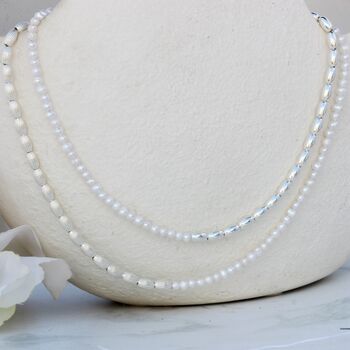 White Pearl Beaded Necklace Or Double Stranded Bracelet With Sterling Silver Beads, 9 of 10