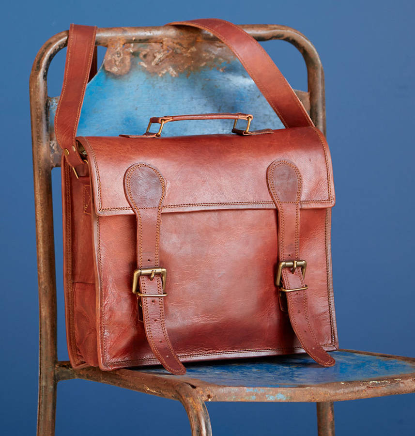 large old school leather satchel / laptop bag by paper high