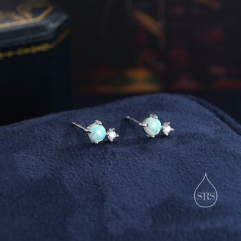 Sterling Silver Tiny Aqua Green Opal And Cz Stud Earrings, 5 of 12