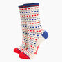 Women's Bamboo Socks Cream Blue Red Hearts Fair Isle, thumbnail 2 of 4