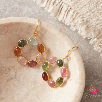 Multicoloured Tourmaline Circle Hook Earrings 18 K Gold Plated, 4 of 9