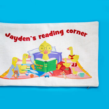 Reading Corner Duck Illustration Personalised Cushion, 2 of 7