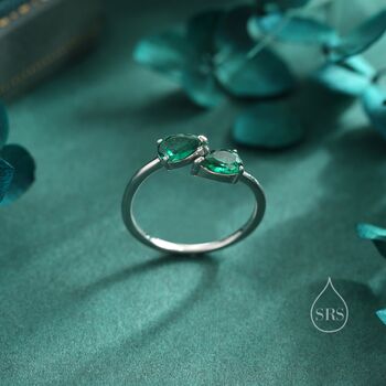 Sterling Silver Toi Et Moi Pear Cut Emerald Green Cz Open Ring, 3 of 11