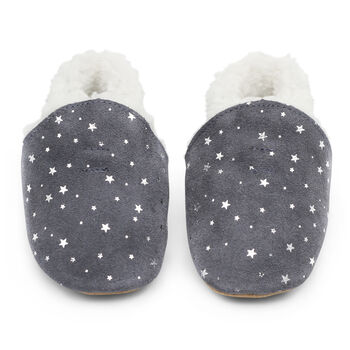 Dotty Fish Silver Stars Soft Suede Baby And Toddler Slippers, 5 of 8