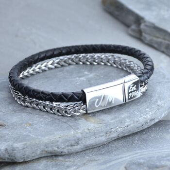 Men's Personalised Black Leather And Chain Bracelet, 4 of 7