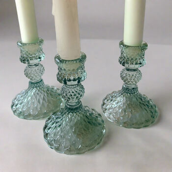 Coloured Pressed Glass Candlesticks Green, 2 of 3