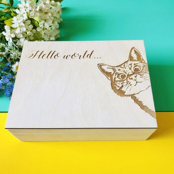 Hello World Personalised Keepsake Box With Cat, 2 of 3