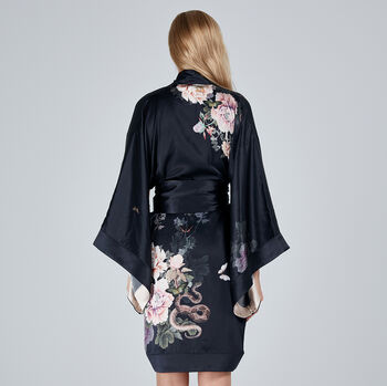 Silk Kimono Dressing Gown Fleur Japonaise Midnight Blue, 3 of 10