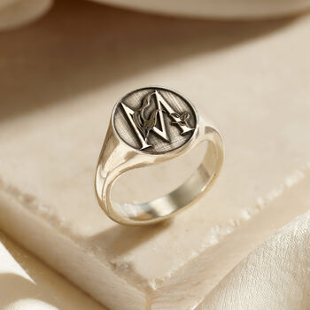 Chunky Floral Engraved Initial Signet Ring, 2 of 4