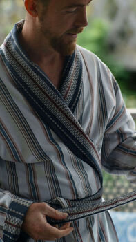 Organic Cotton Reversible Dressing Gown Robe Blue Aztec, 7 of 7