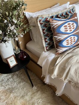 Square Ikat Silk Cushion Blue, Brown And White Abstract Design, 9 of 10