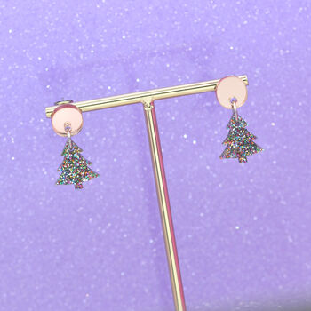 Rainbow Glitter Acrylic Christmas Tree Dangle Earrings, 4 of 5