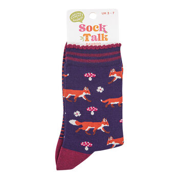 Red Fox Woodland Animals Bamboo Socks Women's Navy Blue, 3 of 3