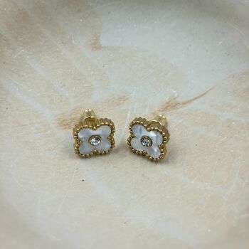 Centre Crystal Clover Stud Earring In Pearl, 2 of 6