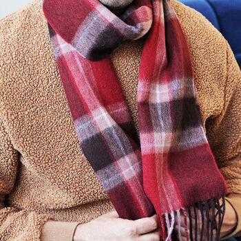 Men's Red Check Wool And Cashmere Blend Scarf, 4 of 12