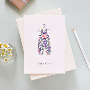 Personalised Liberty Print Dungaree New Baby Card, 2 of 2