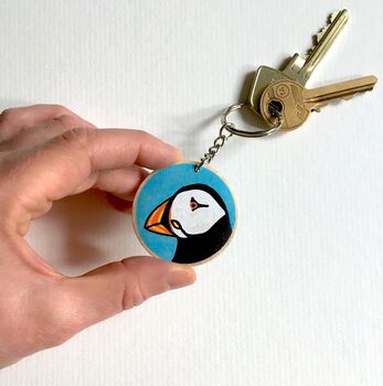 Puffin Wooden Keyring. Hand Painted, 2 of 3