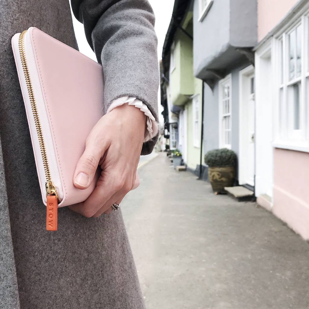 personalised luxury leather travel tech case for her by stow