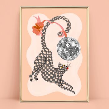 Checkerboard Cat And Disco Ball Art Print, 2 of 4