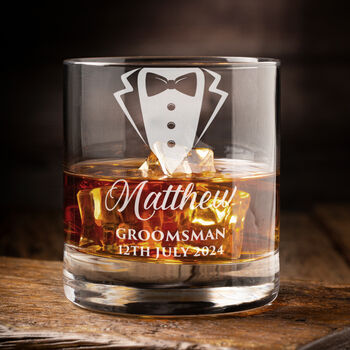 Wedding Tuxedo Groomsman Engraved Whiskey Glass, 2 of 7